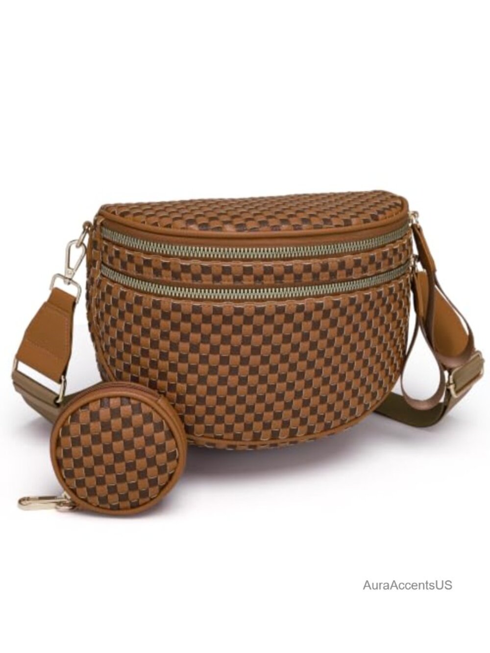 Large Checkered Woven Leather Crossbody Bum Bag with Coin Purse